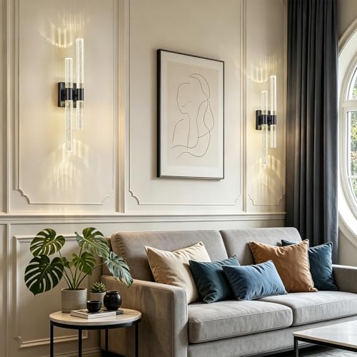 Crystal Wall Sconces Set of Two Black Wall Sconce Hardwired LED Bathroom Vanity Light Fixtures 21.25in 4000K Vertical and Horizontal Wall Mounted Sconces for Bedroom (2 Count)