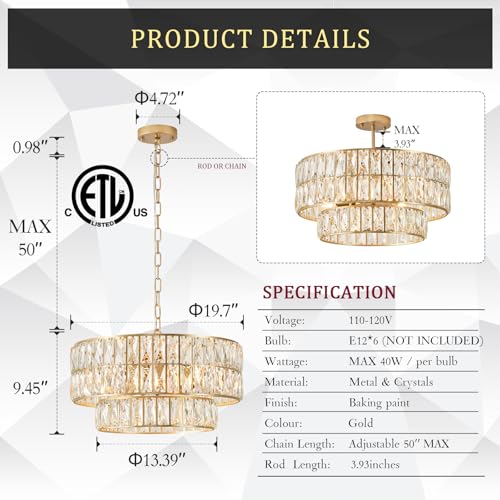 Gold Crystal Chandelier 20" 6