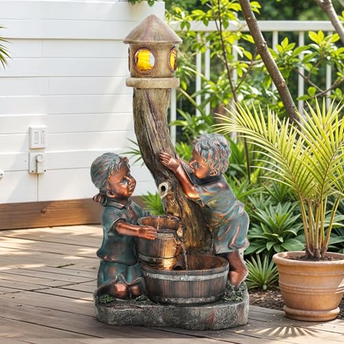 AUTODAYA 31" Boy and Girl Outdoor Fountain LED 3