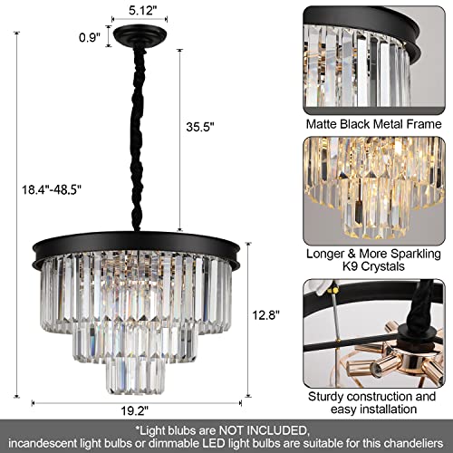 Black Crystal Chandelier Modern 20" Round Light Fixtures for Living Room