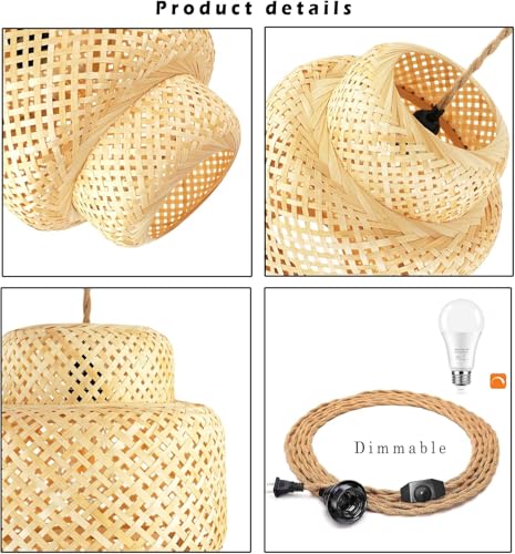 Plug in Pendant Light Rattan Hanging Lights with Plug in Cord Bamboo Hanging Lamp Dimmable
