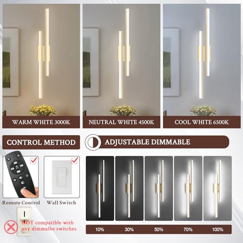 LED Wall Sconce Gold Modern Remote Wall Light Fixtures for Living Room