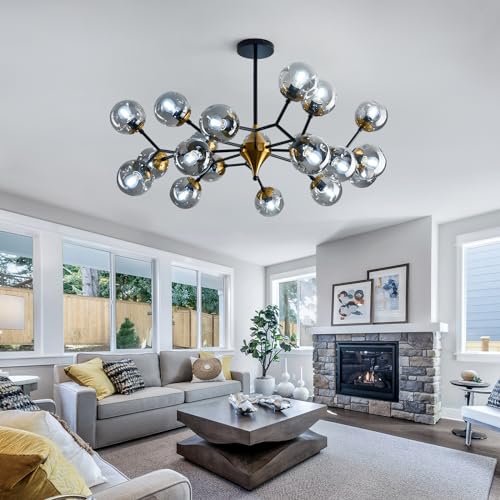 20 Light Extra Large Sputnik Chandelier Mid Century Modern Black and Gold Ceiling Light Fixture with Glass Globe Pendant Light Hanging for Dining Room Kitchen Living Room Foyer