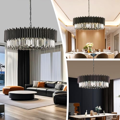 12 Light Large Crystal Chandeliers 30" Dining Room Light Fixture 6 Tiers Flush Mount Smoke Gray and Black Crystal Chandelier Round Pendant Light for Kitchen Living Room Entryway Foyer