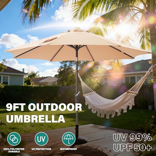 9 FT Patio Umbrella with lights Outdoor Garden Umbrella Beige