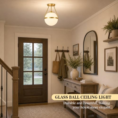 10" Modern Semi Flush Mount Ceiling Light Fixture Mid Century Ceiling Light Globe Ceiling Light Fixture with Milk Glass Shade Brass Finish for Kitchen Island Hallway Living Room