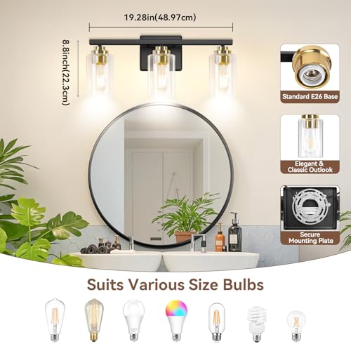 19" Black & Gold Modern Vanity Lights Over Mirror with Clear Glass Shades