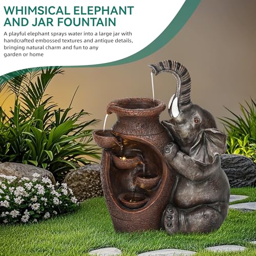 AUTODAYA 19" H Elephant Statue Outdoor Water Fountain with Warm LED Lights