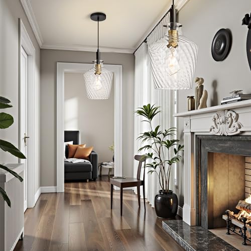Stripes Clear Glass Pendant Light for Kitchen Island Black Gold 8 Inch