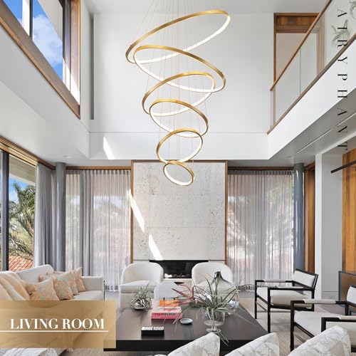 Modern 31" Big LED Chandeliers for High Ceiling 6 Rings Gold Chandeliers with Remote Control Dimmable Large Contemporary Ceiling Pendant Light for Foyer Living Room 3000K (6 Count)