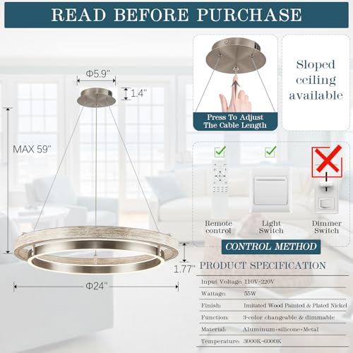 LED 2 Ring Chandelier Dimmable Up Down Light Weathered Wood Brushed Nickel