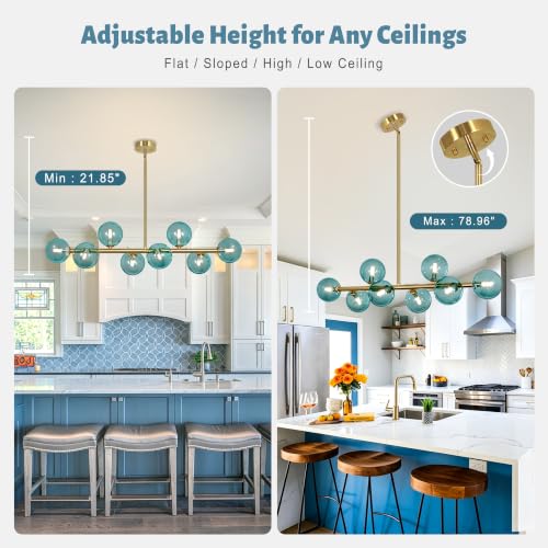 Gold Linear Sputnik Chandeliers 37" Mid Century Blue Glass Globe Chandelier