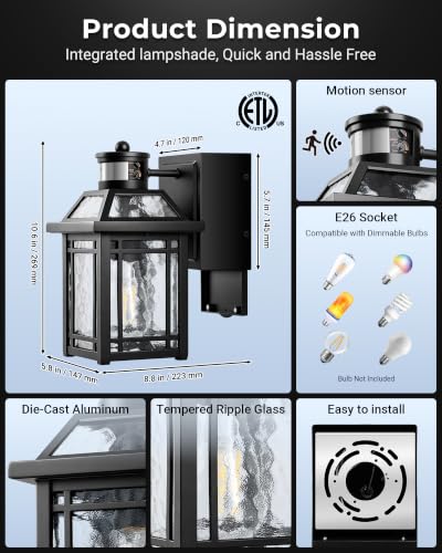Black Porch Light Outdoor with GFCI Outlet (Black / Motion Sensor 1-Pack)