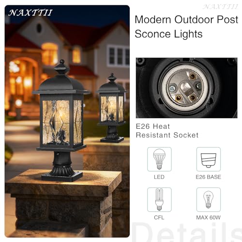 Dusk to Dawn Outdoor Post Lights Black Finish Lamp Posts Outdoor Lighting with Water Ripple Hand‑soldered Glass 21 Inch Height Large Pole Lights Outdoor for Walkway Porches or Garden