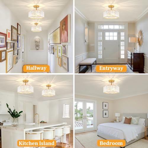 3 Light Crystal Semi Flush Mount Ceiling Light Gold Hallway Light Fixture