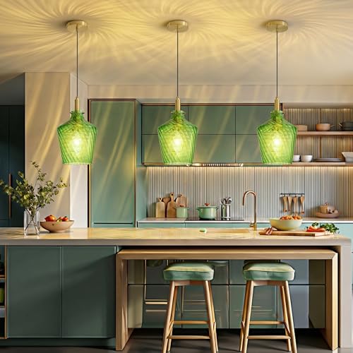 Stripes Green Glass Pendant Light for Kitchen Island Gold 8 Inch 1 Pack