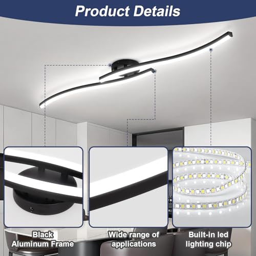 39.37Inch Linear Ceiling Light 6000K Black Modern Ceiling Light Fixture 28W Long Flush Mount Ceiling Lamp for Hallway