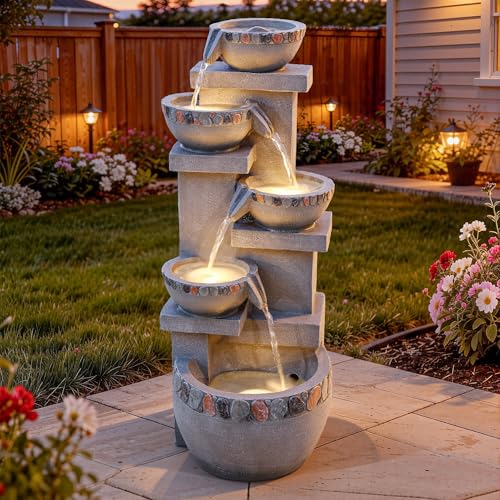4 Tier Outdoor Water Fountain Outdoor with Pebbles and Warm LED Lights
