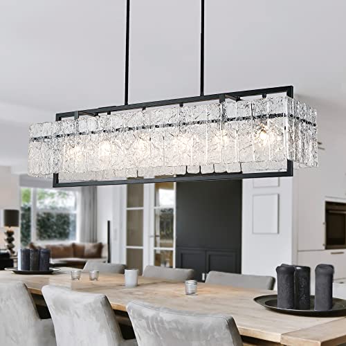 Modern Rectangle Black Crystal Chandeliers for Dining Room