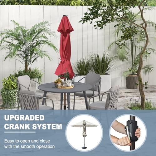USA 10-Year-Non-Fading 10ft Market Patio Umbrella, Commercial Grade Table Sun Umbrella with 80 Solar LED Lights, Crank Open, Windproof & UPF 50+ UV Protection for Garden, Deck, Pool, Backyard, Burgundy