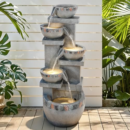 4 Tier Outdoor Water Fountain Outdoor with Pebbles and Warm LED Lights
