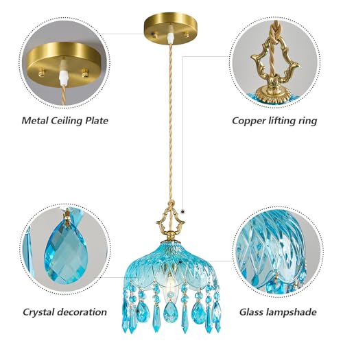 Brass Vintage Pendant Light Blue Crystal Hanging Light Fixtures (2 Count)