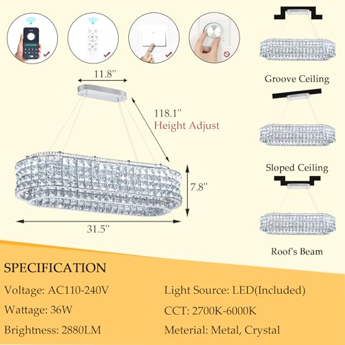 L32 x W12 Modern Chandeliers for Dining Room LED Dimmable Pendant Lighting Ceiling Chandelier Crystal Rectangle Light Fixtures Silver