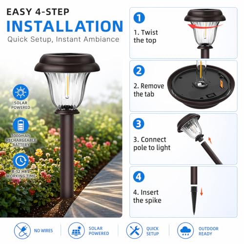 Solar Pathway Lights Outdoor Metal Glass Solar Lights Outdoor (6 Count)