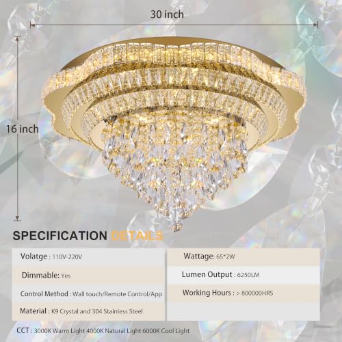 30" Gold Crystal Flush Mount Chandelier Modern LED Ceiling Light Fixture