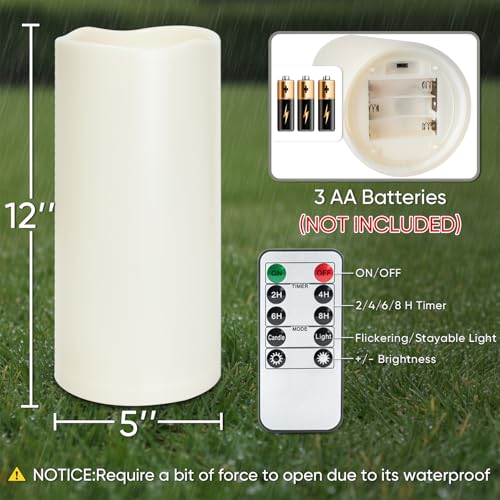 12" x 5" Large Waterproof Outdoor Flameless Candles with Remote Control and Timer (2 Count)