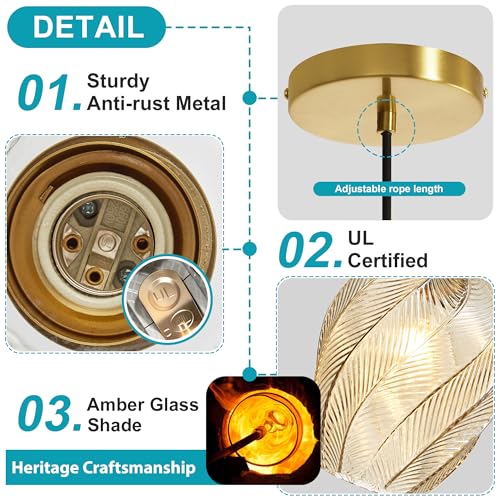 Amber Glass Pendant Lights Kitchen Island Gold Hanging Ceiling Light 8"