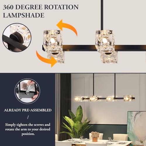 Black Chandeliers for Dining Room, Modern Crystal Pendant Lights Fixture with Cube Shade, 8-Lights Farmhouse Hanging Dining Light Fixtures Over Table for Kitchen Island, Living Room, Bedroom (G9 Base)