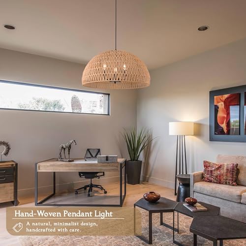 24" Brown Woven Pendant Light Boho Chandelier Dome Rustic Farmhouse Chandelier Wicker Pendant Light Rattan Light Fixture for Dining Room Living Room Bedroom Kitchen Island Foyer