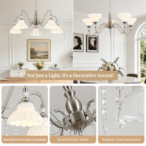 5 Light Chandelier in Brushed Nickel Finish with Flower (5-Light / Nickel and White)