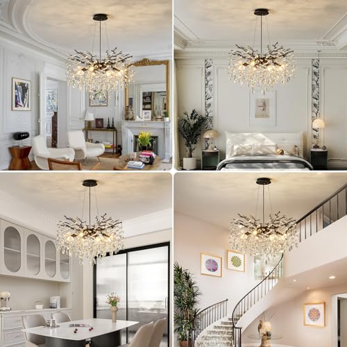 Black Tree Branch Crystal Chandelier 24" Modern Raindrop Chandelier