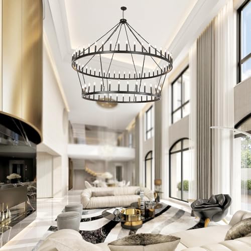 Rustic Farmhouse Wagon Wheel Chandelier Oil Rubbed Bronze Large Chandeliers for High Ceilings 2 Tier 80Lights 78.7 Inch for Dining Room Living Room Foyer Porch Kitchen Island