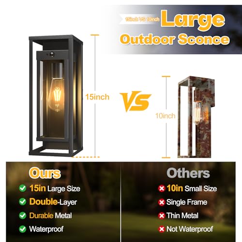2 Pack Motion Sensor Outdoor Wall Light 15in Large Porch Lights for House (2 Count)