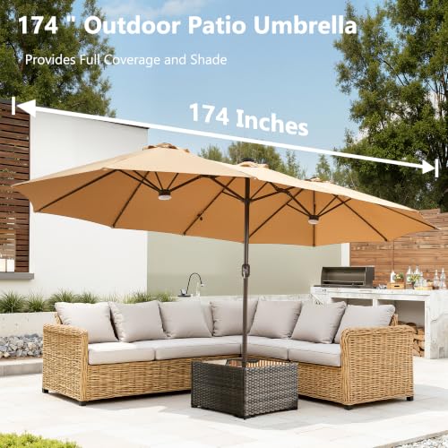 15FT Double Sided Rectangular Patio Umbrella with USB Rechargeable Warm LED Lights