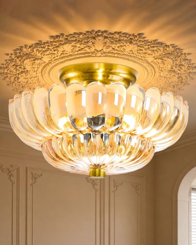 Semi Flush Mount Ceiling Light Fixture 11.8" Vinatge Gold Ceiling Lights Mid Century Modern Glass Close to Ceiling Lighting Fixtures for Bedroom Hallway Foyer Bathroom Kitchen Entryway
