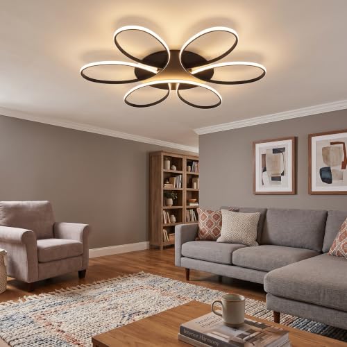 Modern LED Ceiling Light Fixture Black Flush Mount Ceiling Lamp with Remote Control Dimmable Rings Flower Shaped Ideal for Living Room Suite Bedroom Leisure Study Room Kitchen