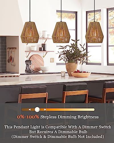Boho Woven Pendant Lights 7” Rustic Rattan Hanging Lamp Adjustable Handwoven Basket Shade