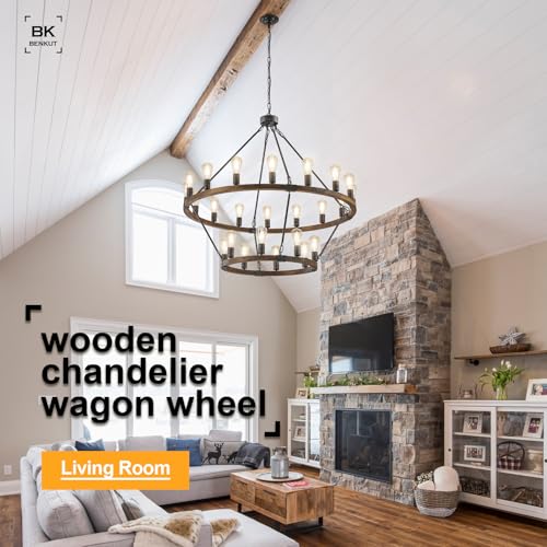 2 Tier Farmhouse Wagon Wheel Chandelier 43" Rustic Large Chandelier (24 Count)