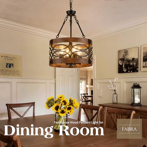 4 Light Farmhouse Drum Wood Pendant Light 13.8'' Vintage Rustic Brown Oak Wood Chandeliers (4 Count)