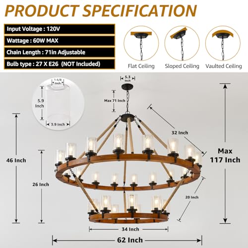 60" 2 Tier Wagon Wheel Chandelier 27