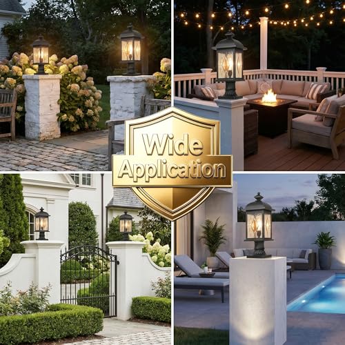 Dusk to Dawn Outdoor Post Lights Black Finish Lamp Posts Outdoor Lighting with Water Ripple Hand‑soldered Glass 21 Inch Height Large Pole Lights Outdoor for Walkway Porches or Garden