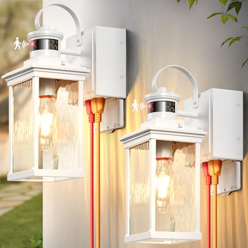 White Motion Sensor Porch Lights Outdoor with GFCI Outlet (2 Count)
