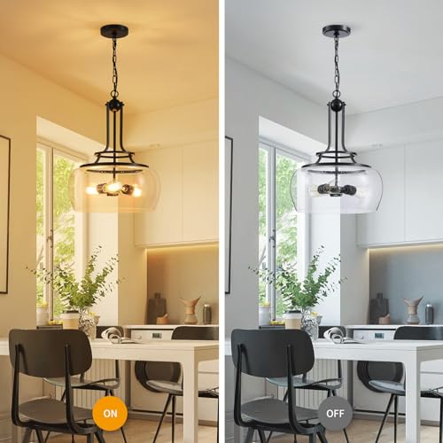 Chandelier Rustic Farmhouse Industrial Round Ceiling Pendant LED Light Fixture Clear Seeded Glass Shade for Dining Room Kitchen Island Foyer Entryway