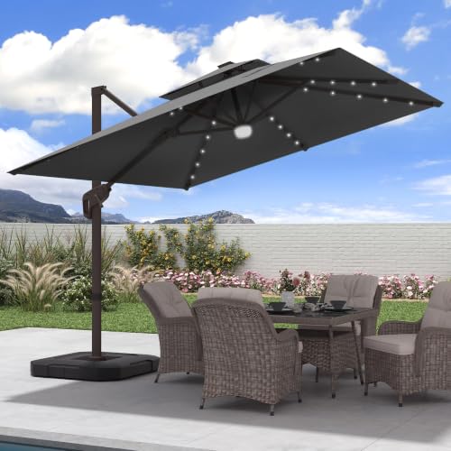 9x9 FT Cantilever Offset Patio Umbrella with Lights & Base