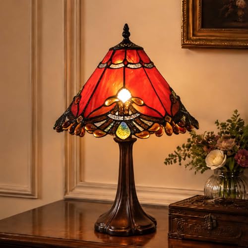 L10021 Baroque Tiffany Style Stained Glass Table Lamp Night Light with 13 Inches Wide Handmade Lampshade Metal Base for Bedside Bedroom Living Room Decoration