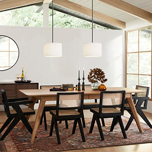 9" Dia White Linen Drum Shade Hanging Pendant Light Fixture with Black Pole Kit (2 Count)
